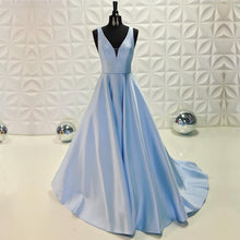 Load image into Gallery viewer, Light Blue Long Satin V-neck Dresses
