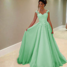 Load image into Gallery viewer, Modest Tulle Formal Dresses With Lace Cap Sleeves