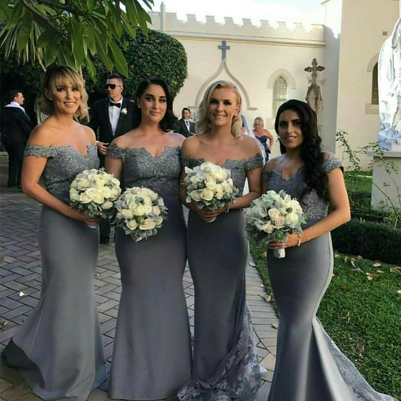 Silver Lace V-neck Off The Shoulder Mermaid Bridesmaid Dresses alinanova Silver Lace V-neck Off The Shoulder Mermaid Bridesmaid Dresses alinanova