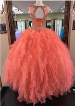 Load image into Gallery viewer, modest lace appliques organza ruffles coral quinceanera dresses ball gowns