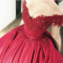 Load image into Gallery viewer, off the shoulder lace appliques burgundy satin wedding dresses ball gowns