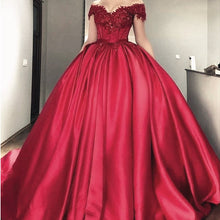 Load image into Gallery viewer, off the shoulder lace appliques burgundy satin wedding dresses ball gowns