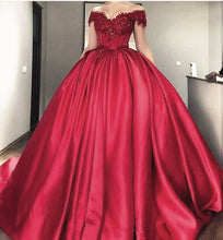 Load image into Gallery viewer, off the shoulder lace appliques burgundy satin wedding dresses ball gowns