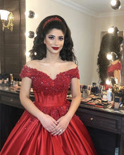Load image into Gallery viewer, off the shoulder lace appliques burgundy satin wedding dresses ball gowns-alinanova