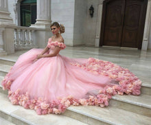 Load image into Gallery viewer, pink tulle flower ball gowns wedding dress off the shoulder