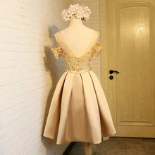 Load image into Gallery viewer, short satin off the shoulder bridesmaid dresses with lace appliques