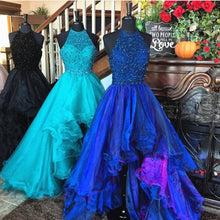 Load image into Gallery viewer, sparkly beading halter organza ruffles front short long back prom dresses

