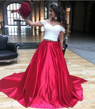 Load image into Gallery viewer, Two Piece Satin Prom Dresses With White Lace Crop Top