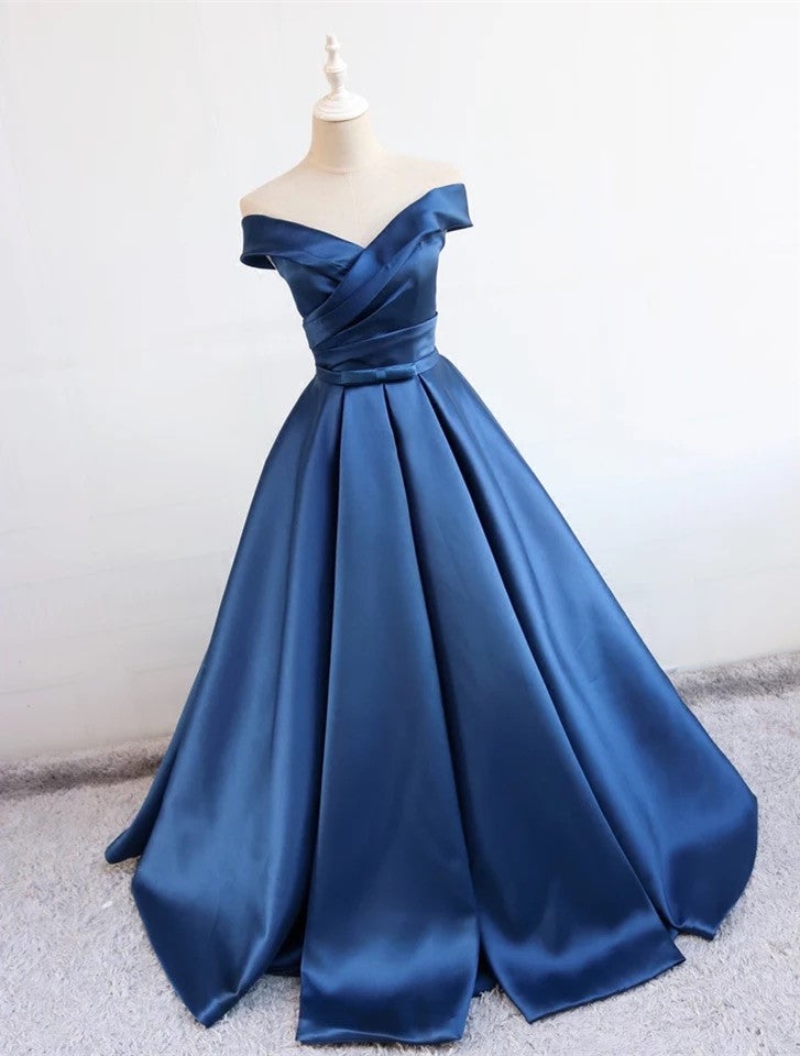 bow satin off shoulder dress Off Shoulder Ball Gown Satin Dress With Bow Sashes