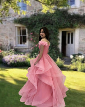 Load image into Gallery viewer, Pink Ruffle Ball Gown Off Shoulder Dress
