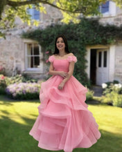Load image into Gallery viewer, Pink Ruffle Ball Gown Off Shoulder Dress
