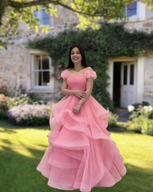 Pink Ruffle Ball Gown Off Shoulder Dress