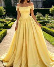 Load image into Gallery viewer, Bea | A-line Off Shoulder Satin Appliques Dress
