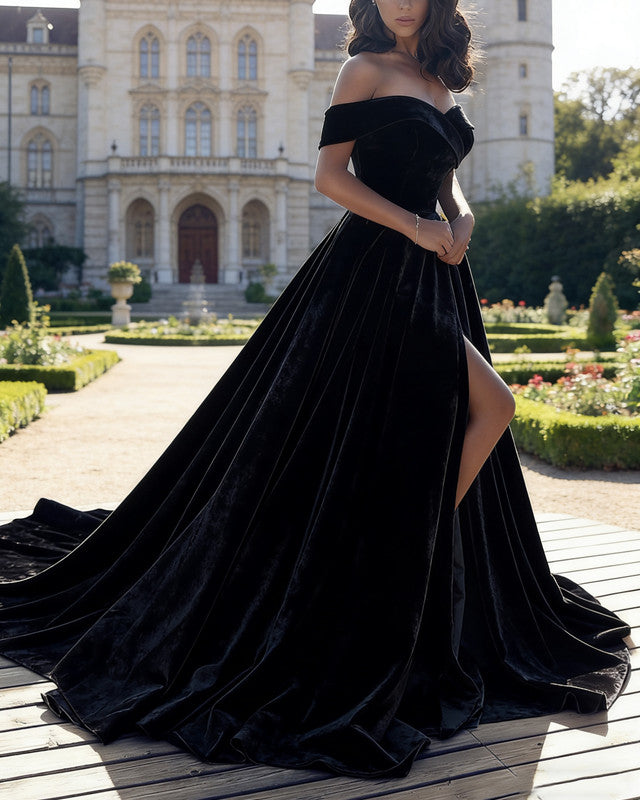 Off The Shoulder Velvet Dress Front Slit