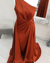 Load image into Gallery viewer, Burnt Orange Satin One Shoulder Dress
