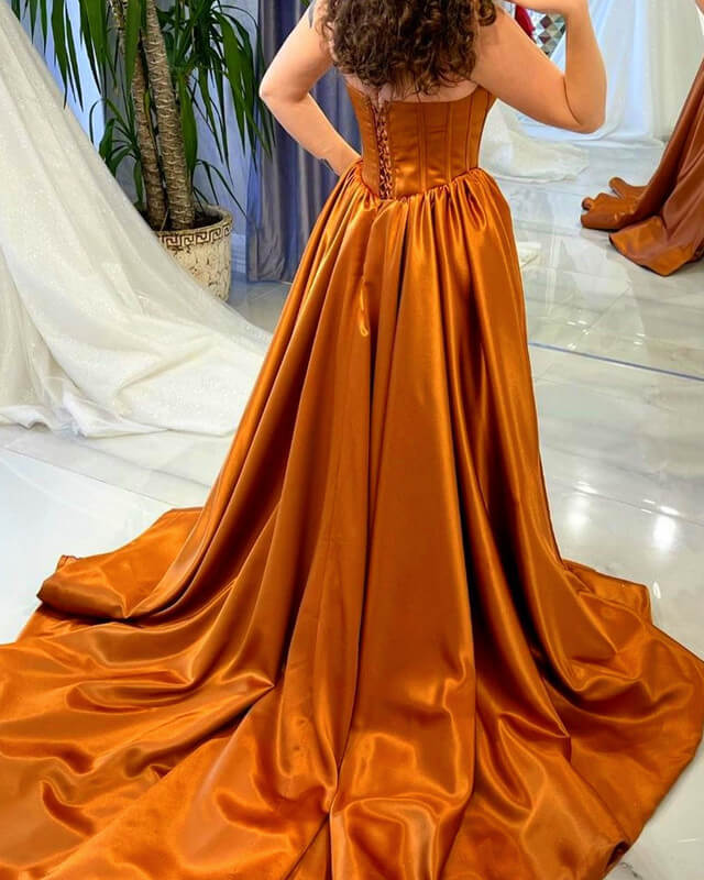 Long Burnt Orange Strapless Corset Gown