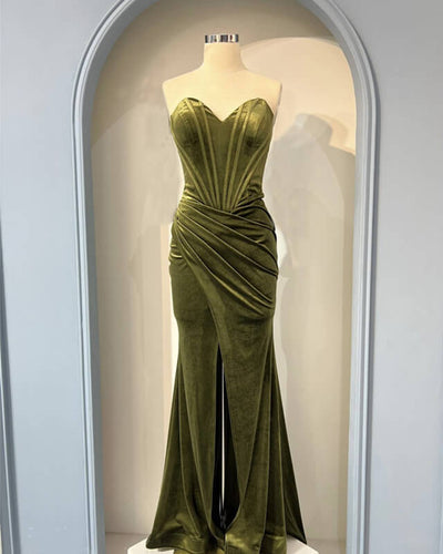 Olive green velvet bridesmaid dress