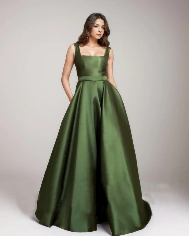 Spaghetti Straps Floor Length Satin Dress With Bow Back