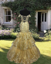 Load image into Gallery viewer, Gold Mermaid Ruffle Sequin Lace Dress
