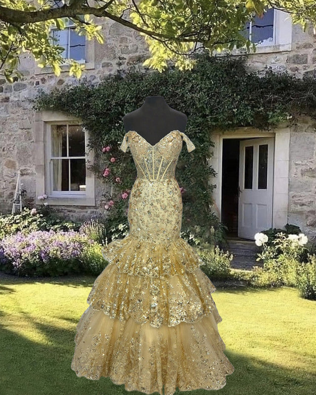 gold mermaid dress with sleeves Ruffle Sequin Lace Ruched mesh dress YOUNGER Shoulder Sleeves Select size:Large