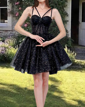 Load image into Gallery viewer, Short Black Sparkly Spaghetti Strap Dress
