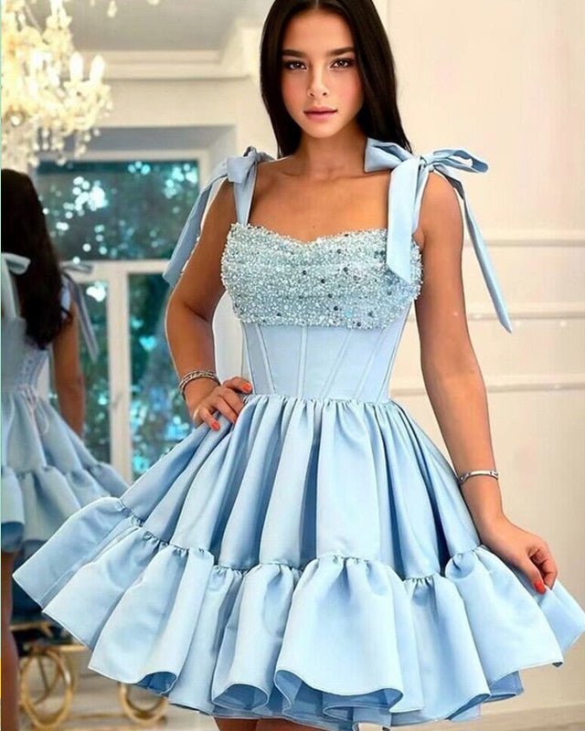 light blue satin homecoming dress Short Ruffles With Bow Straps Amanda Uprichard Chamberlain Dress low skirt Lauren Color:Cream and Gold