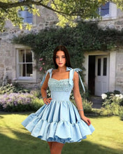 Load image into Gallery viewer, Short Blue Satin Ruffles Dress With Bow Straps
