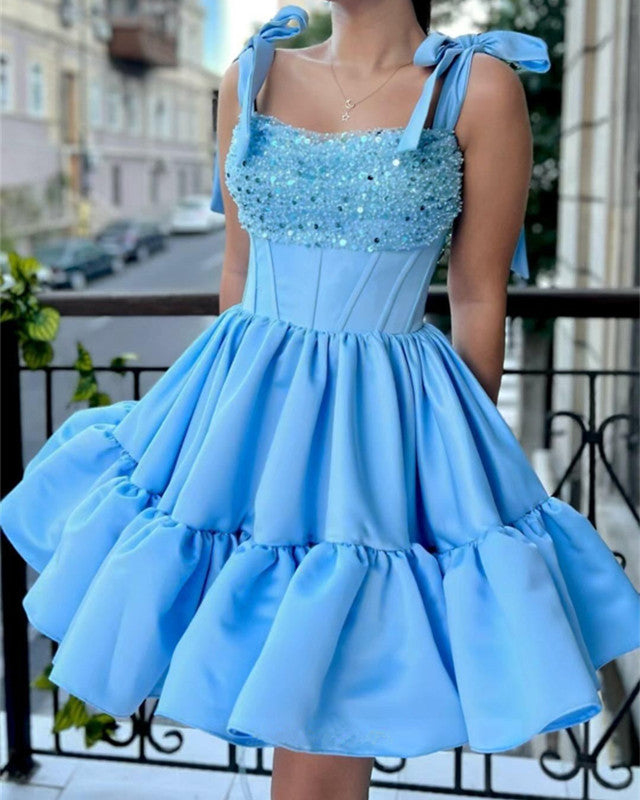 Light Blue Satin Ruffles Homecoming Dress – alinanova