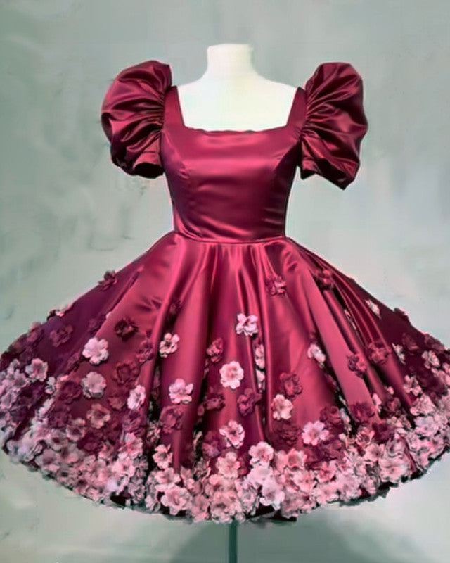 Burgundy Satin Mini Dress With 3D Flowers