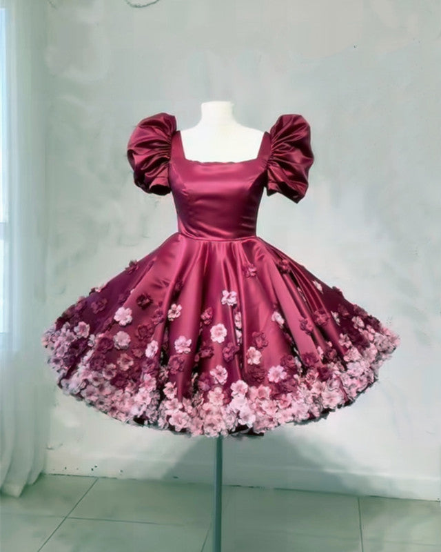burgundy dresses for homecoming Satin Mini Dress With 3D Flowers Waist:56 redlist US2 Model Information Tie The Knot Off
