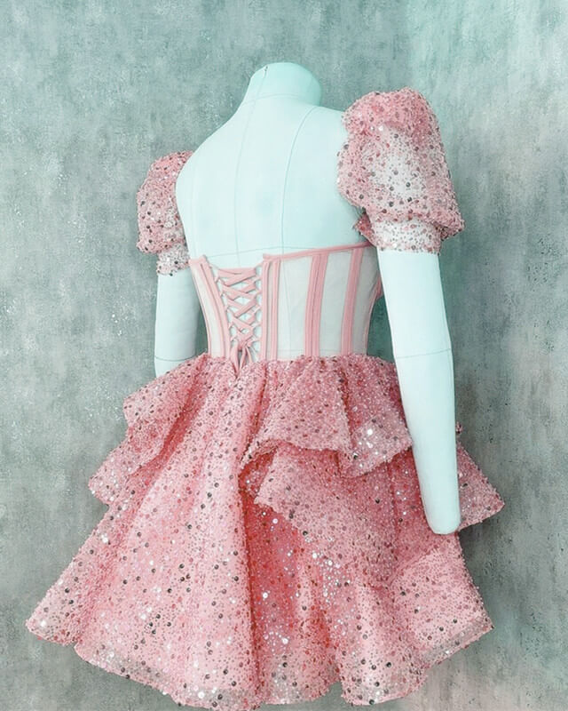 Pink Sequin Ruffles Corset Back Homecoming Dress  alinanova