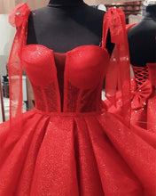 Load image into Gallery viewer, Short Red Sparkly Bow Back Dress
