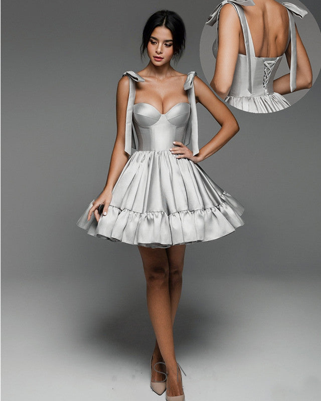 Silver Satin Bow Straps Ruffles Homecoming Dress