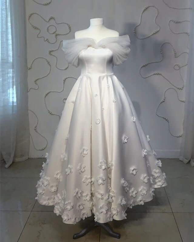 White Off-the-shoulder Satin Midi Homecoming Dress