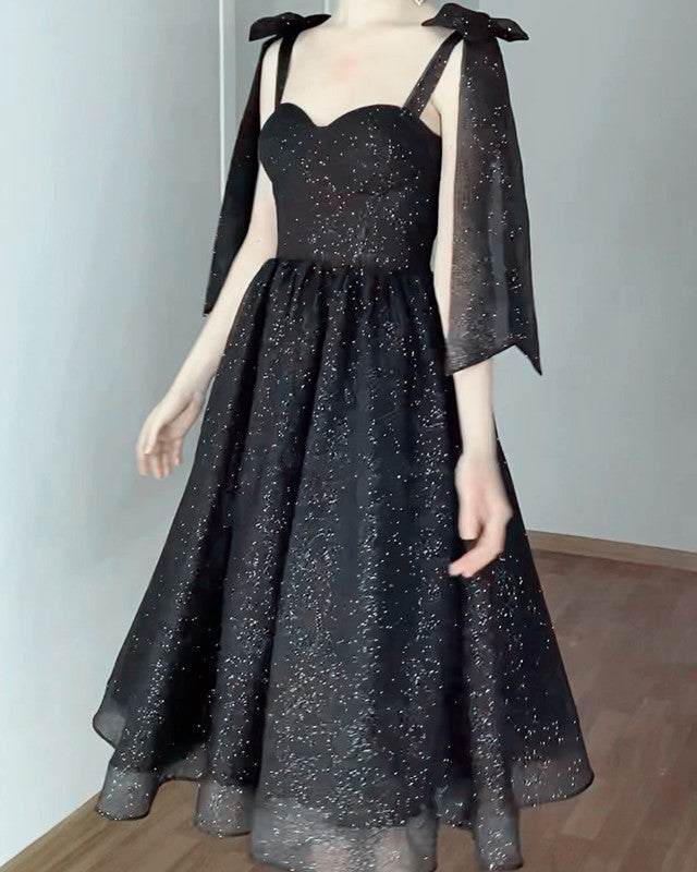 Black Sparkly Midi Tulle Bow StrapsDress