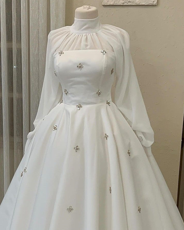long sleeve modest homecoming dresses Modest White Tulle Ball Gown Dress