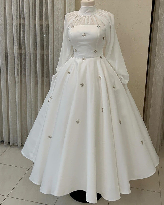 Modest White Tulle Ball Gown Dress