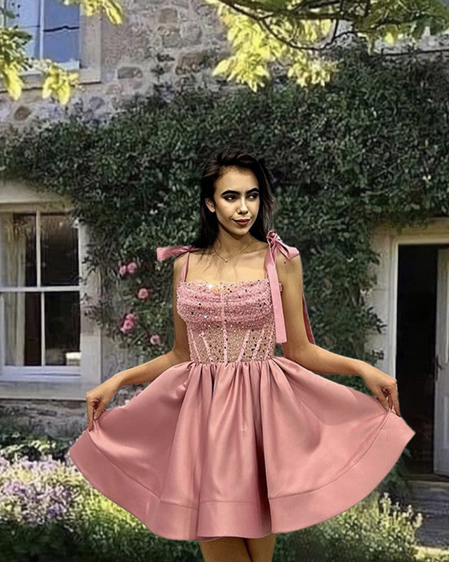 Short Pink Bow Straps Sequin Beaded Corset Dress Short Pink Bow Straps Sequin Beaded Corset Dress