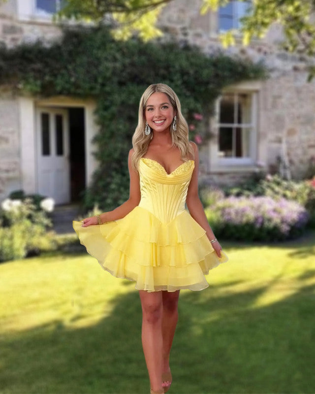 Short Yellow Chiffon Ruffle Dress