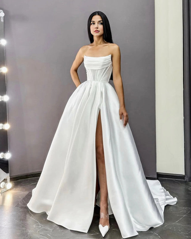 A-line Cowl Neck Satin Wedding Dress