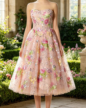 Load image into Gallery viewer, MERCI |Tea Length Strapless Floral Sequin Dress

