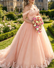 Load image into Gallery viewer, Peach Tulle Sweetheart Princess Wedding Dresses Lace Off Shoulder

