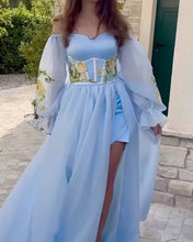 Load image into Gallery viewer, Blue Tulle Strapless Embroidery Dress With Puffy Sleeves
