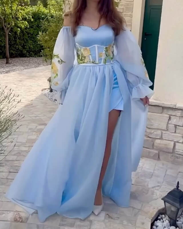Blue Tulle Strapless Embroidery Dress With Puffy Sleeves Blue Tulle Strapless Embroidery Dress With Puffy Sleeves
