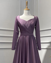Load image into Gallery viewer, Modest Dusty Purple Satin Long Sleeve Dress
