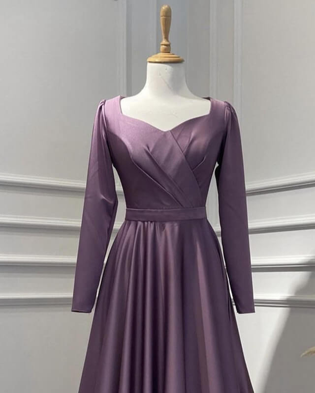knee length dresses for ladies Modest Dusty Purple Satin Long Sleeve Dress