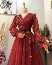 Load image into Gallery viewer, Red Tulle V-neck Long Sleeve Embroidery Dress
