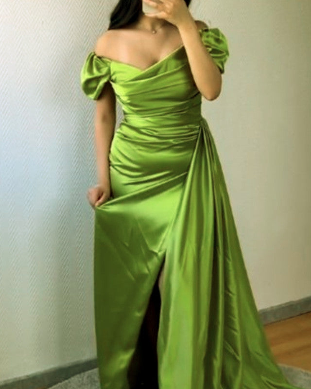 Mermaid Lime Green Satin Slit Dress