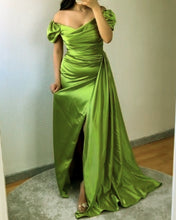 Load image into Gallery viewer, Mermaid Lime Green Satin Slit Dress

