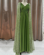 Load image into Gallery viewer, Green Tulle V-neck Dress With Beaded Cape
